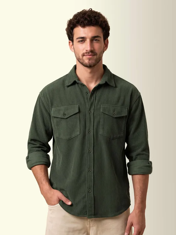 Olive Green Dual Pocket Textured Corduroy Shirt